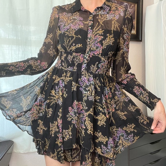 NWT Free People Sheer Layered Mini Dress Long Sleeves Collared Button Down - Picture 1 of 13